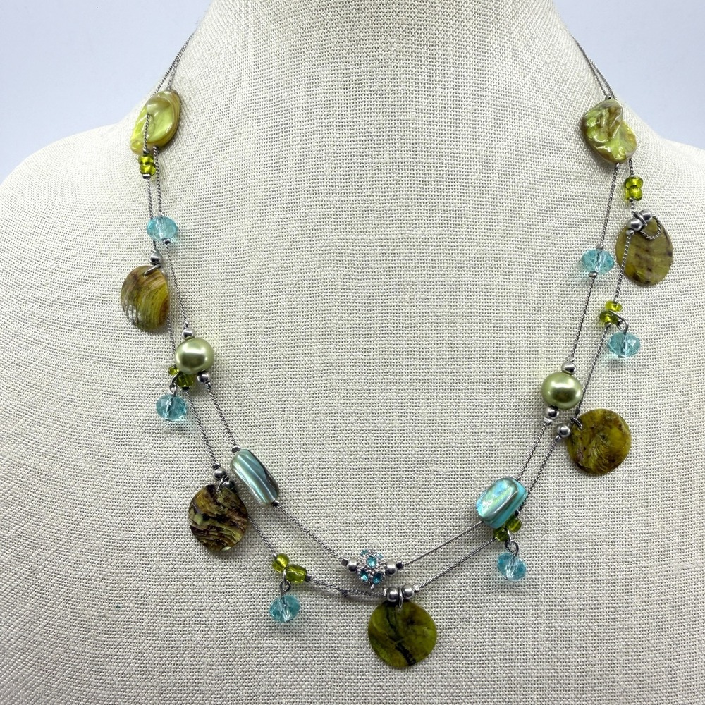 Olive Green Shell Disc Aqua Crystal Bead Two Strand Necklace Boho Statement